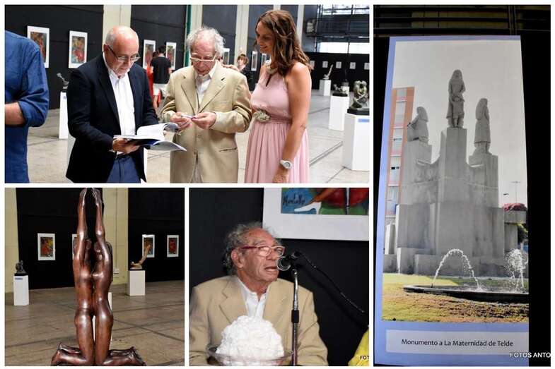 El escultor (c), con el presidente del Cabildo de Gran Canaria, Antonio Morales, y la autora del libro (Foto Antonio Alí)